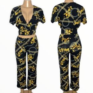 2 Pieces Black Set for Women Size S/M Stretchy Wide Leg Pants and Wrap Crop Top